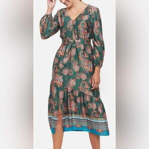 Emily Lovelock dress long sleeve maxi floral green belted feminine